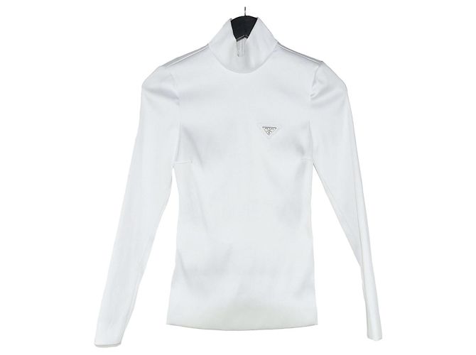 Prada Langarmshirt aus Stretch-Satin mit Triangle-Logo Silber