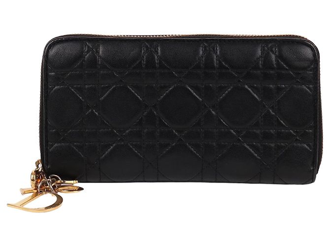 Dior Christian Black Cannage Zip Long Wallet