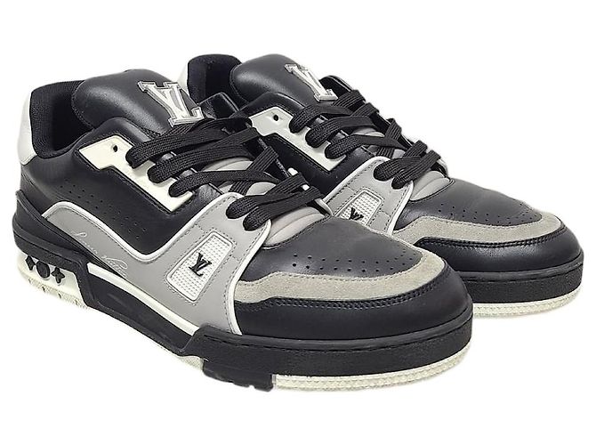 Louis Vuitton Schwarze und graue LV Leder-Trainer-Sneaker Braun