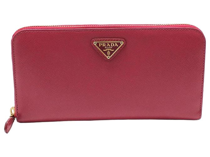 Prada Pink Saffiano Gold Triangle Logo Long Wallet