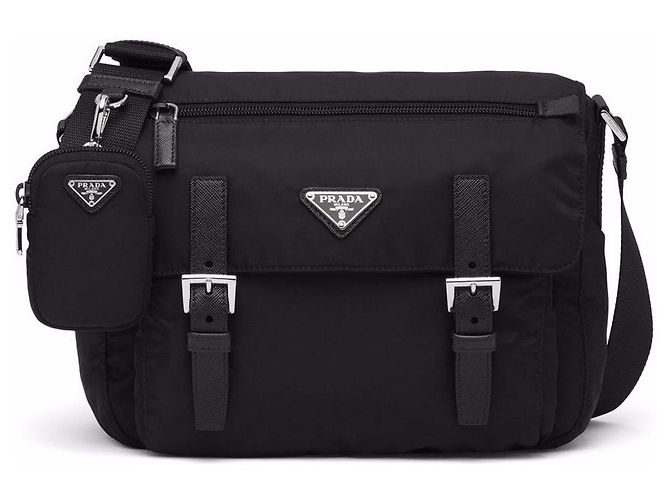 Prada Borsa a tracolla in nylon con placca logo Nero