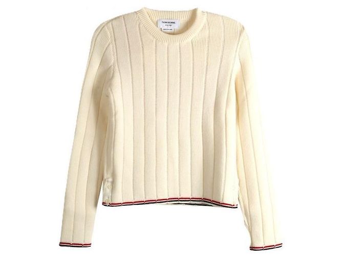 Thom Browne Pull à col rond en maille côtelée aiguille Blanc