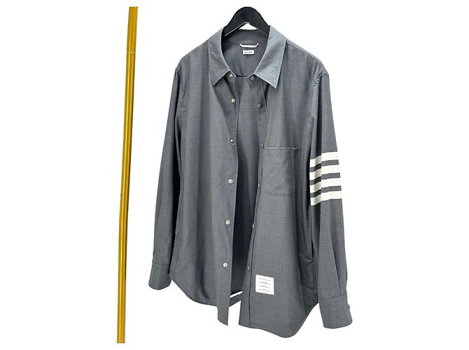 Thom Browne Front Snap Piped Wool Shirt Gray