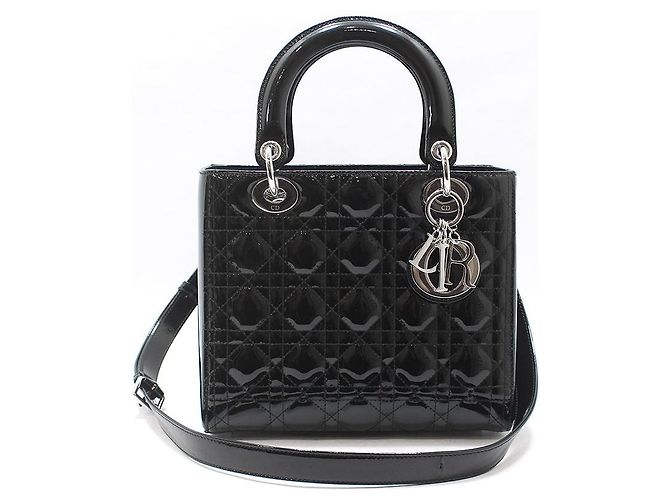 Dior Borsa a tracolla Lady Medium in vernice nera cannage argento Nero