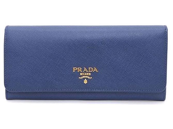 Prada Gold Metal Logo Saffiano Long Wallet Blue
