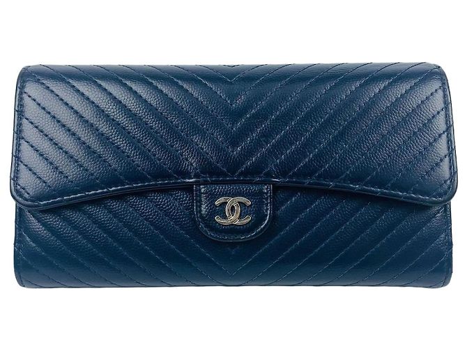 Chanel Soft Caviar Chevron Long Wallet Silver Series Blue