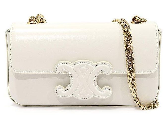 Céline Bolsa de ombro Triomphe em couro de vitelo branco brilhante com corrente dourada