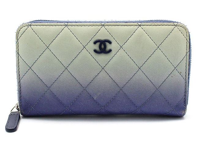 Chanel Gradient Quilted Leather Classic Logo Zipper Wallet Blue