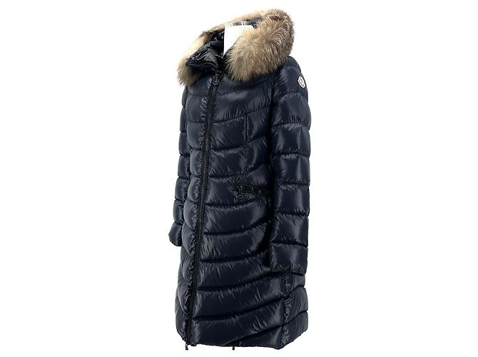 Moncler Apia Fox Fur Long Down Jacket Blue
