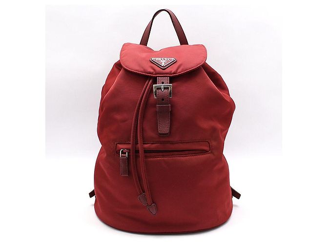 Prada Red Fabric Pocono Nylon Silver Triangle Logo Backpack