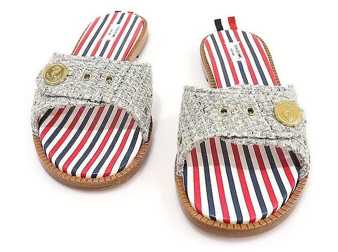Thom Browne Gray Tweed Anchor Button Clacket Women's Mule Slipper