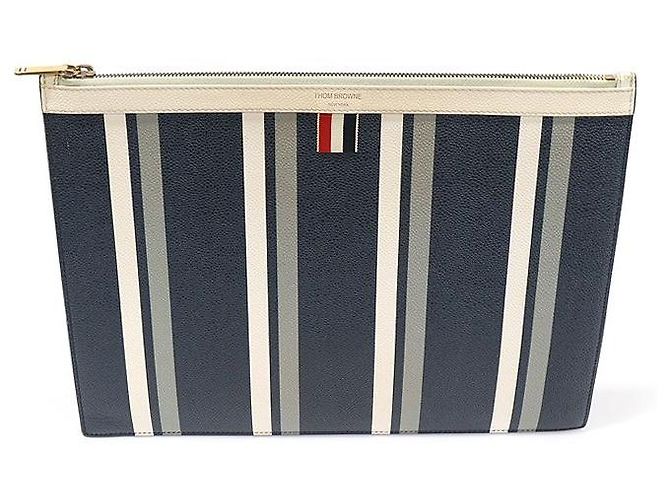 Thom Browne Navy Pebble Grain Leather Stripe Medium Document Holder Clutch Blue