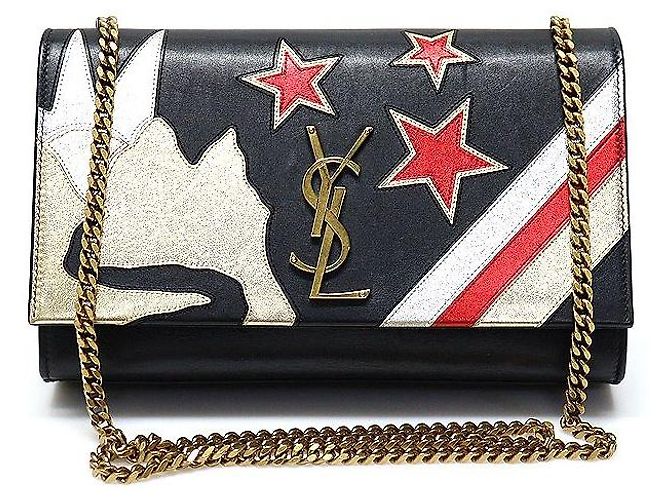 Saint Laurent Borsa a tracolla Kate Small in pelle di vitello nera con patchwork e catena dorata Rockstar Nero