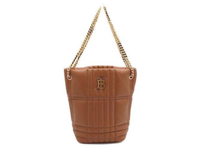 Burberry Bolsa Bucket acolchoada em couro Marrom Maple com corrente dourada