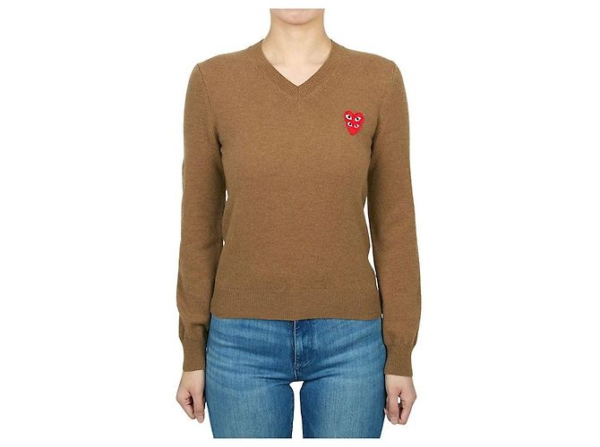 Comme Des Garcons Suéter de malha para mulher com logótipo duplo vermelho AZ Marrom