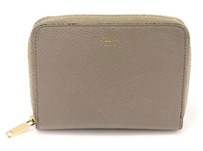 Céline Carteira compacta com zíper em couro de vitelo granulado cinza pebble Marrom