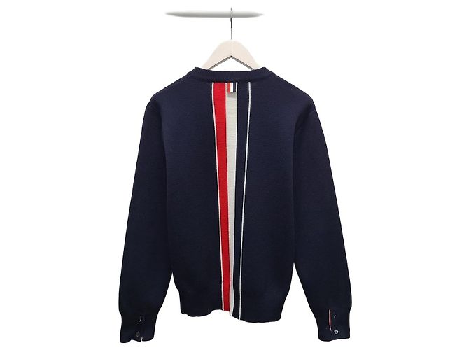Thom Browne Pull rond en maille intarsia à rayures dans le dos bleu marine
