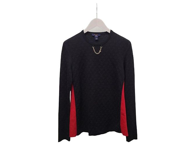 Louis Vuitton Strickpullover mit schwarzem Monogramm-Prägemuster und Goldkette 