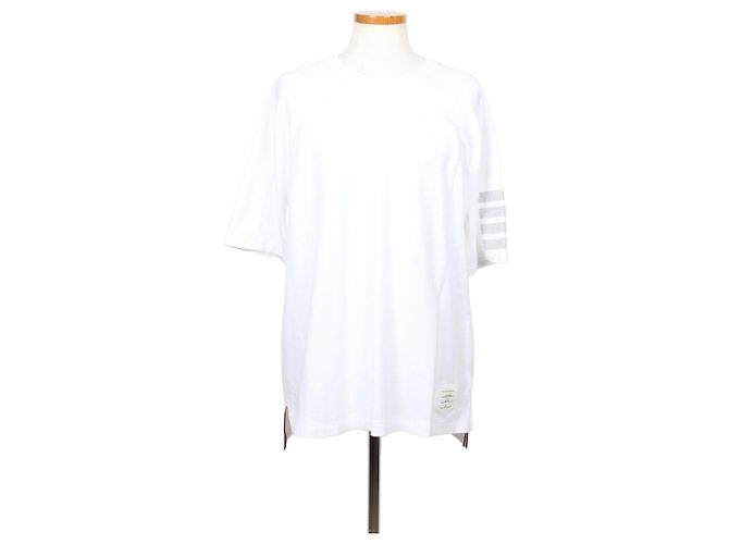 Thom Browne Kurzärmeliges Baumwoll-T-Shirt mit gestreiftem Armband Weiß