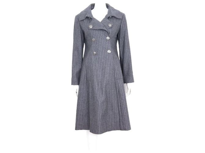 Chanel Wool Stripe Double Long Coat Women Jacket Brown