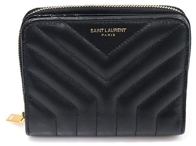 Saint Laurent Carteira compacta acolchoada Joan em pele de vitelo lisa preta Preto