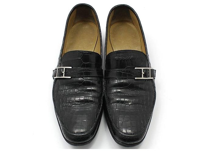 Hermès Black Alligator Crocodile Silver Logo Loafer