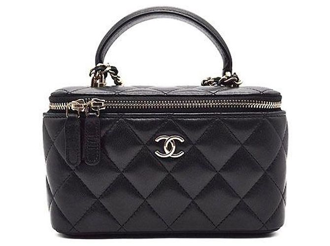Chanel Borsa vanity in pelle di agnello con manico superiore e tracolla Nero
