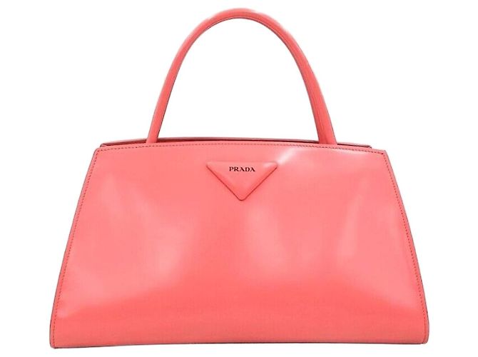 Prada Pink Triangle Logo Brush Leather Tote Bag