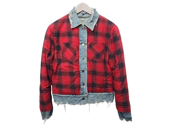 Amiri Chaqueta reversible de franela a cuadros rojos y denim desgastado Azul