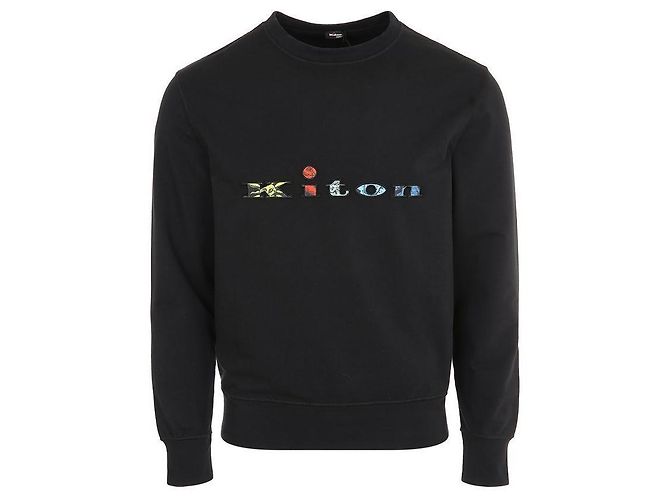 Kiton BLACK Multicolor Logo Embroidered Black Crewneck Sweatshirt