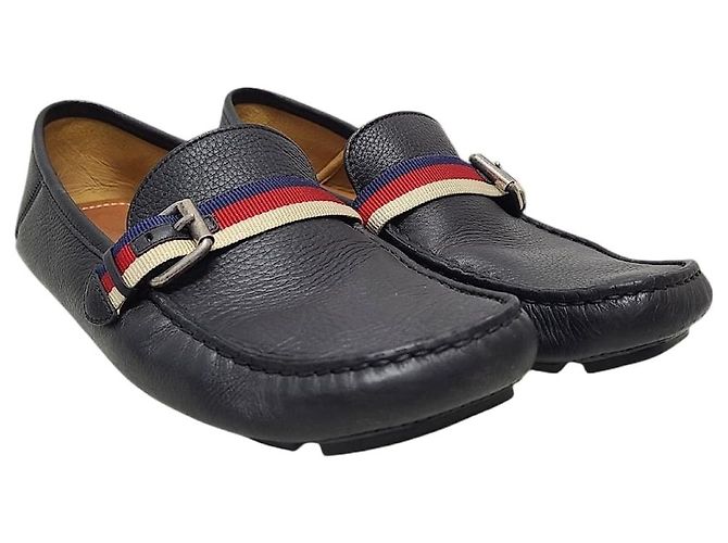 Gucci Black Silver Web Bee Tab Driving Loafer