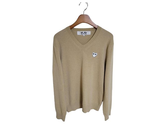 Comme Des Garcons Herrenstrick aus Wolle beige weiß mit Patch Braun