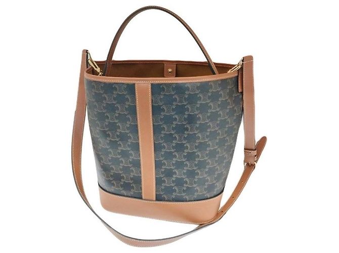 Céline Bolso Bucket Medio en Lona Triomphe y Piel de Vitela Marrón, Bolso de Hombro Castaño
