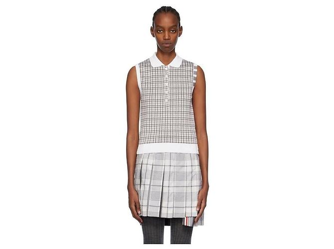 Thom Browne Polo senza maniche in seta e cotone Check