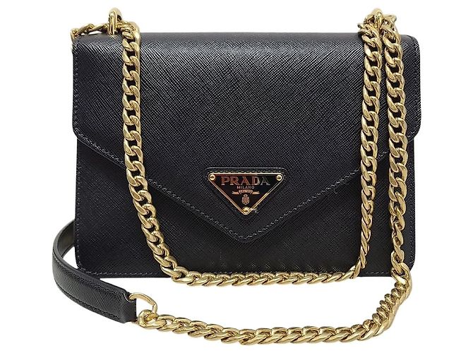Prada Black Saffiano Triangle Logo Envelope Chain Shoulder Bag
