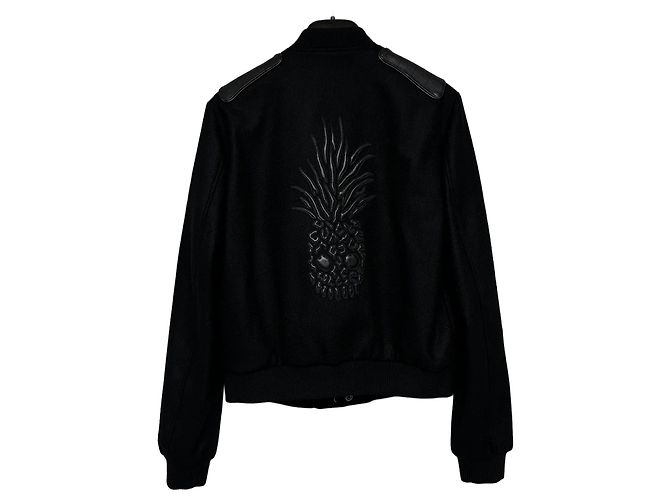 Saint Laurent Leather Panel Pineapple Embroidery Wool Bomber Jacket Silvery