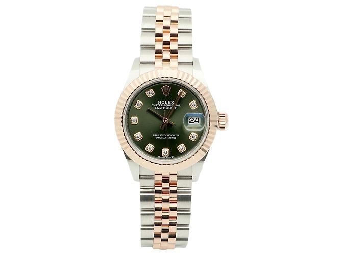 Rolex Relógio Original Datejust em Combinação de Ouro Rosa e Ouro, Verde Oliva e Diamantes para Mulher, Certificado e Caixa