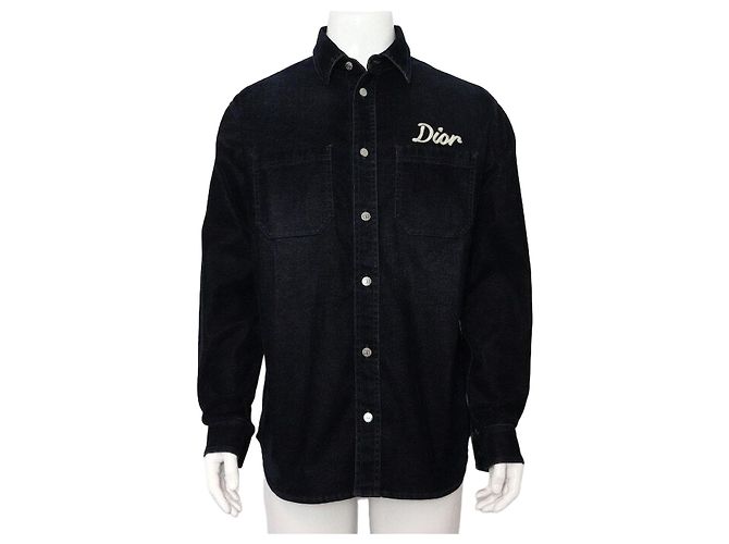 Dior Sovracamicia in denim di cotone blu navy con logo ricamato da uomo
