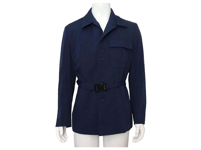 Dior Navy Wool Buckle Belted Men's Jacket Blue