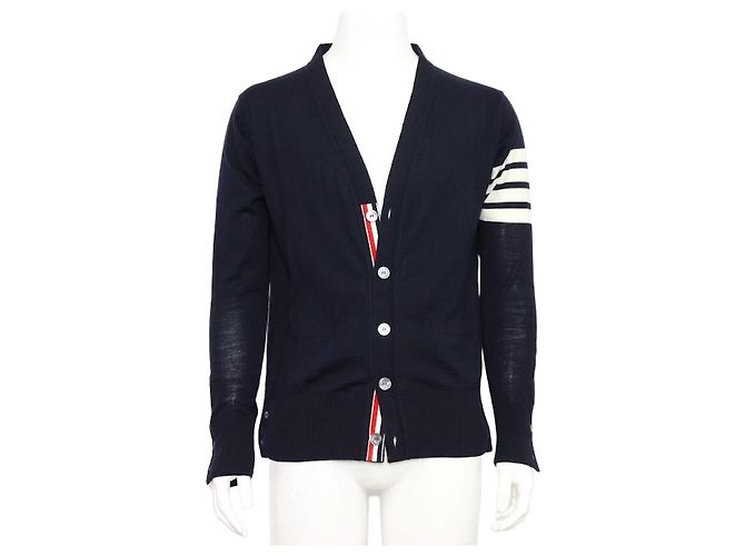 Thom Browne Navy Merino Wool Cardigan Blue