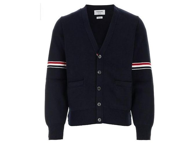 Thom Browne V-Ausschnitt-Cardigan aus Baumwolle mit Milano-Stich-Bündchen Blau
