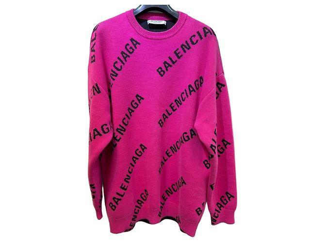 Balenciaga Oversized Strickpullover in Rosa mit Multi-Logo (XS) Pink