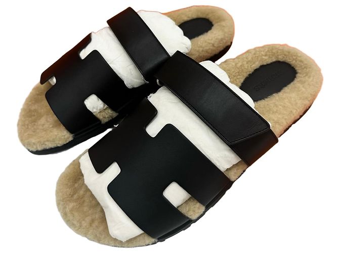 Hermès Shearling Cipres Sandals Black Orange