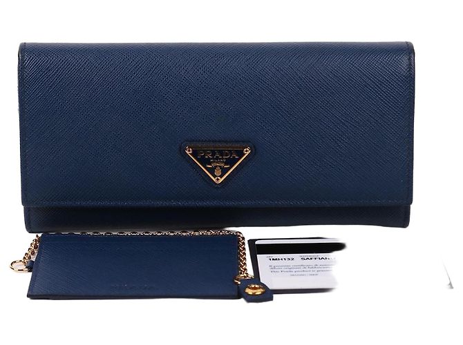 Prada Blue Saffiano Triangle Logo Long Wallet