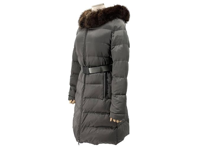 Prada Women's Belted Long Down Jacket Brown 