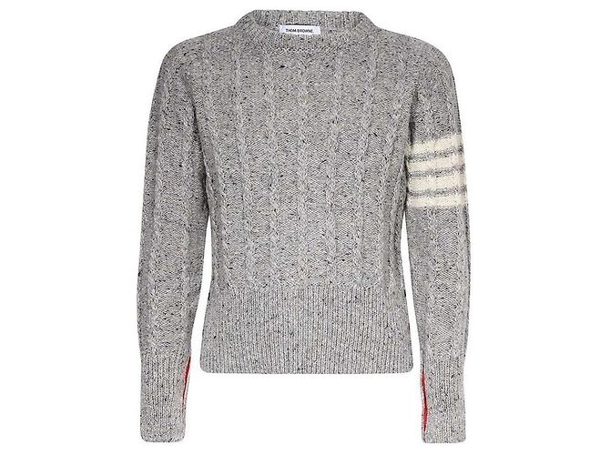 Thom Browne Klassischer diagonal gestreifter Strickpullover in Hellgrau Silber 