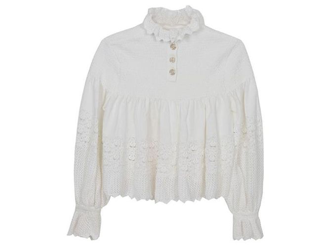 Chanel Größe White Cotton Blend Puff Sleeve Crop Knit Weiß