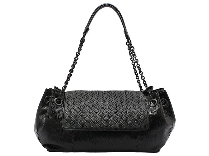 Bottega Veneta Black Leather Python Mesh Chain Shoulder Bag