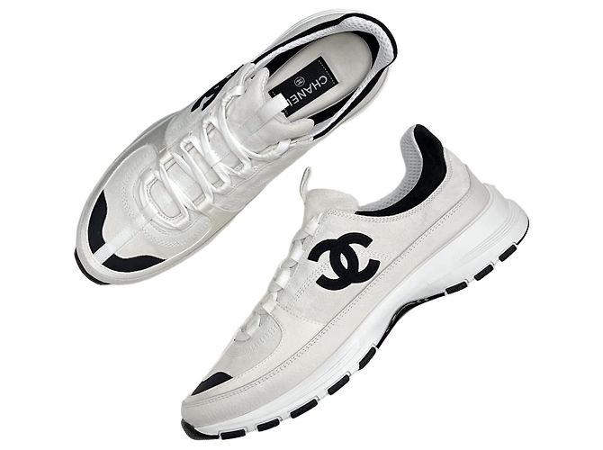 Chanel CC Logo Sneakers Suede White Silvery