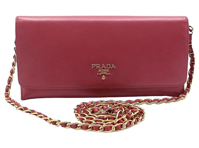 Prada Bolsa Crossbody WOC Saffiano Rosa com Corrente Dourada